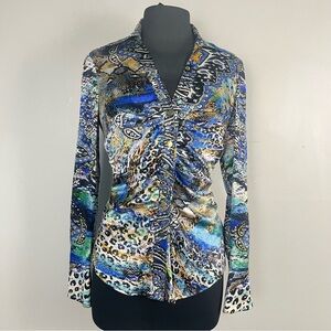 True vintage late 90s/ 2000s silk abstract pattern ruched button up Cache size s